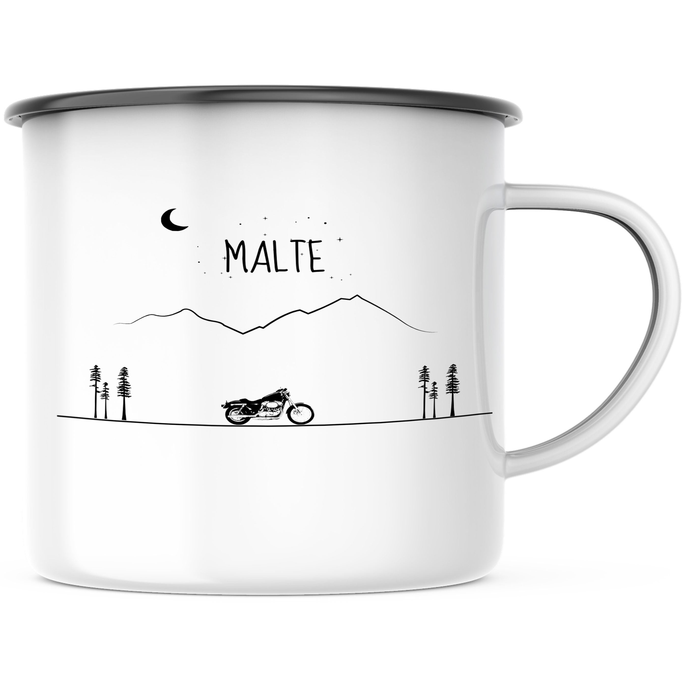 Emaille Tasse| Becher| Berge mit Motorrad | personalisierbar mit Namen - GlamourDesign