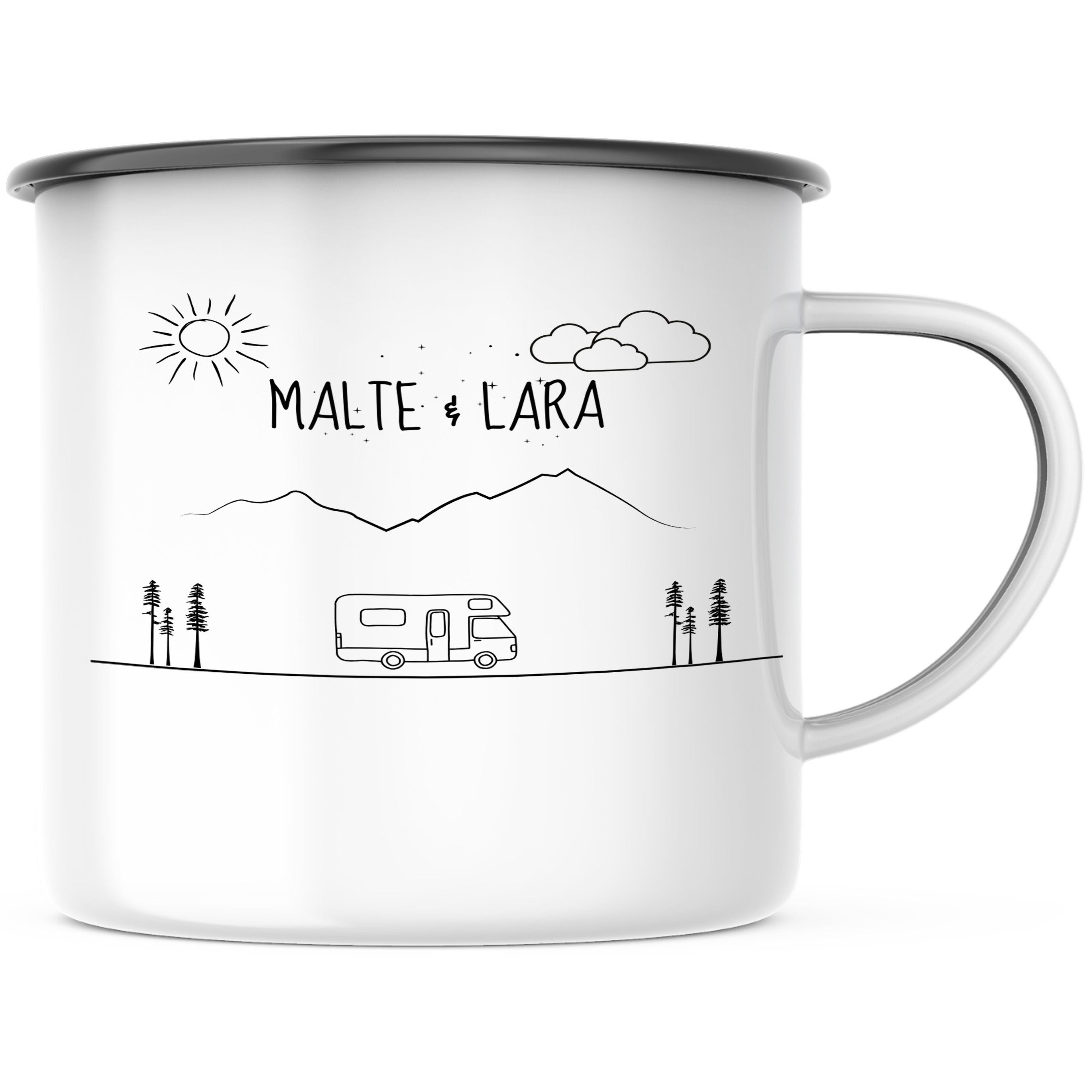 Emaille Tasse| Becher| Berge mit Camper | personalisierbar mit Namen - GlamourDesign