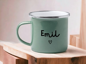 Emaille Tasse in Mint| Becher personalisiert mit deinem Wunschnamen und Herzchen| beidseitig - GlamourDesign