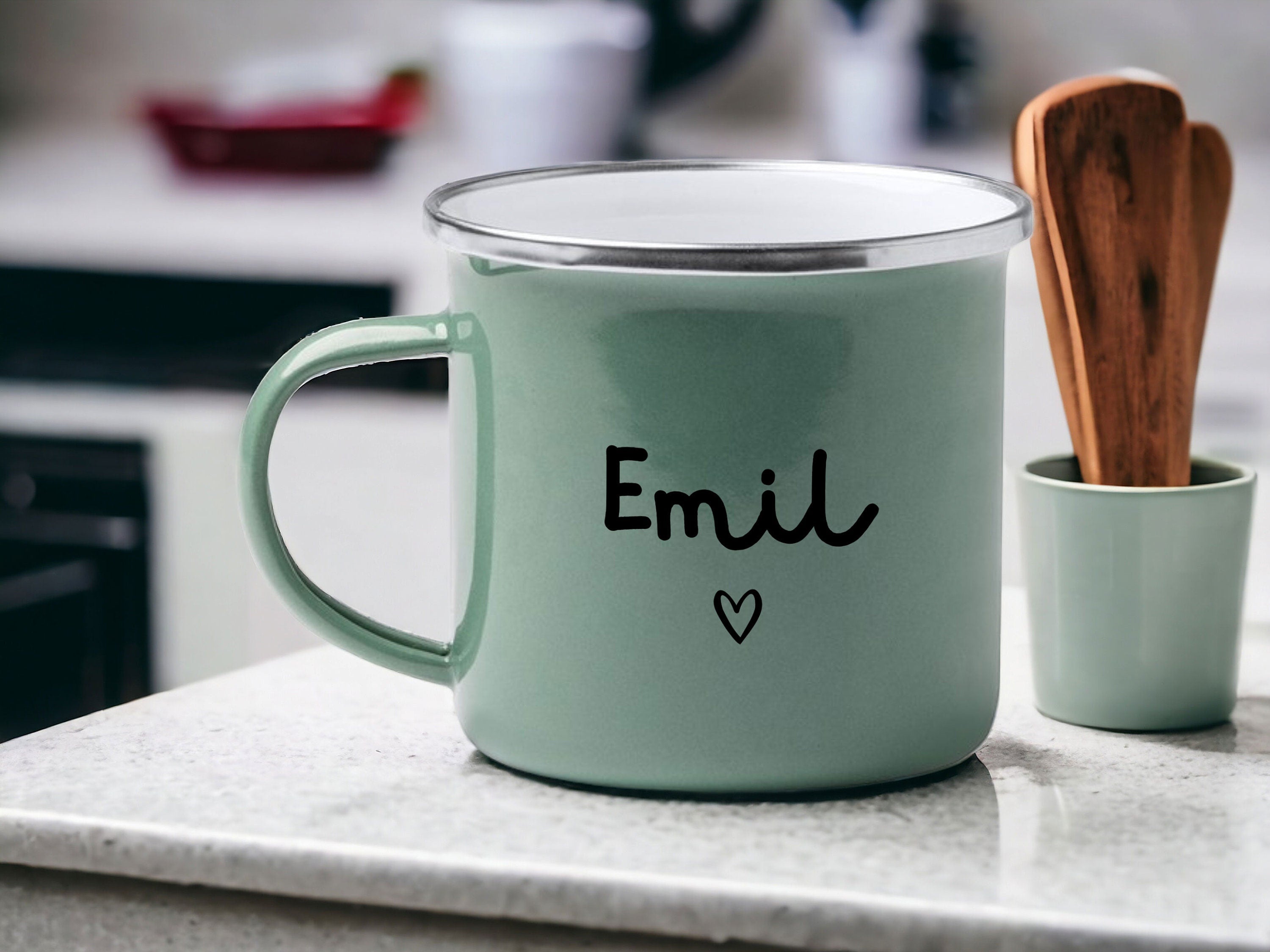 Emaille Tasse in Mint| Becher personalisiert mit deinem Wunschnamen und Herzchen| beidseitig - GlamourDesign