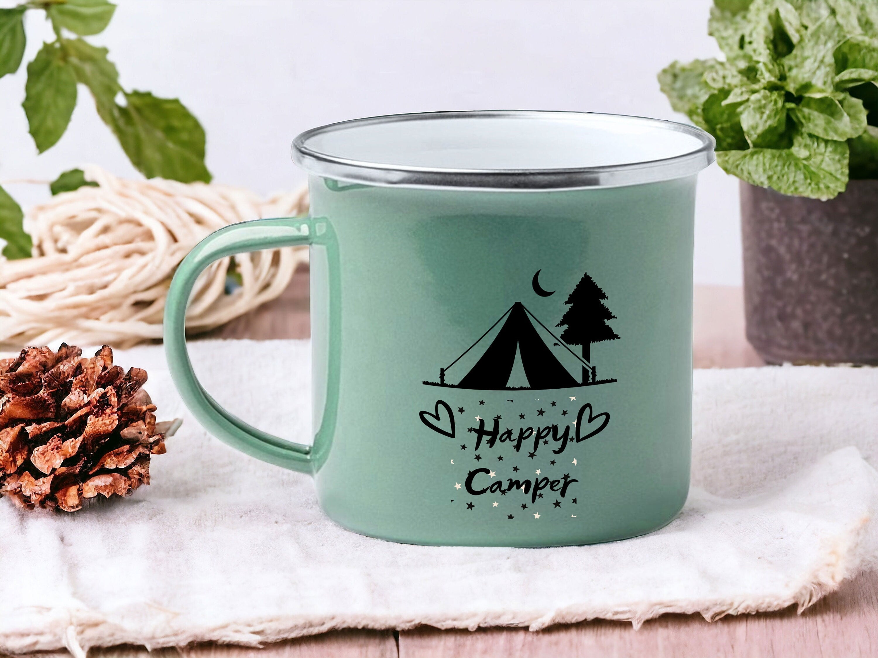 Emaille Tasse in Mint| Becher für Camper|personalisiert mit deinem Wunschnamen| beidseitig bedruckt - GlamourDesign