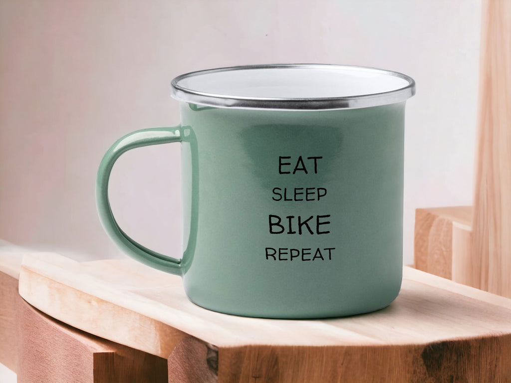 Emaille Tasse in Mint| Moutainbike| Eat Sleep Bike Repeat| mit Wunschname - GlamourDesign