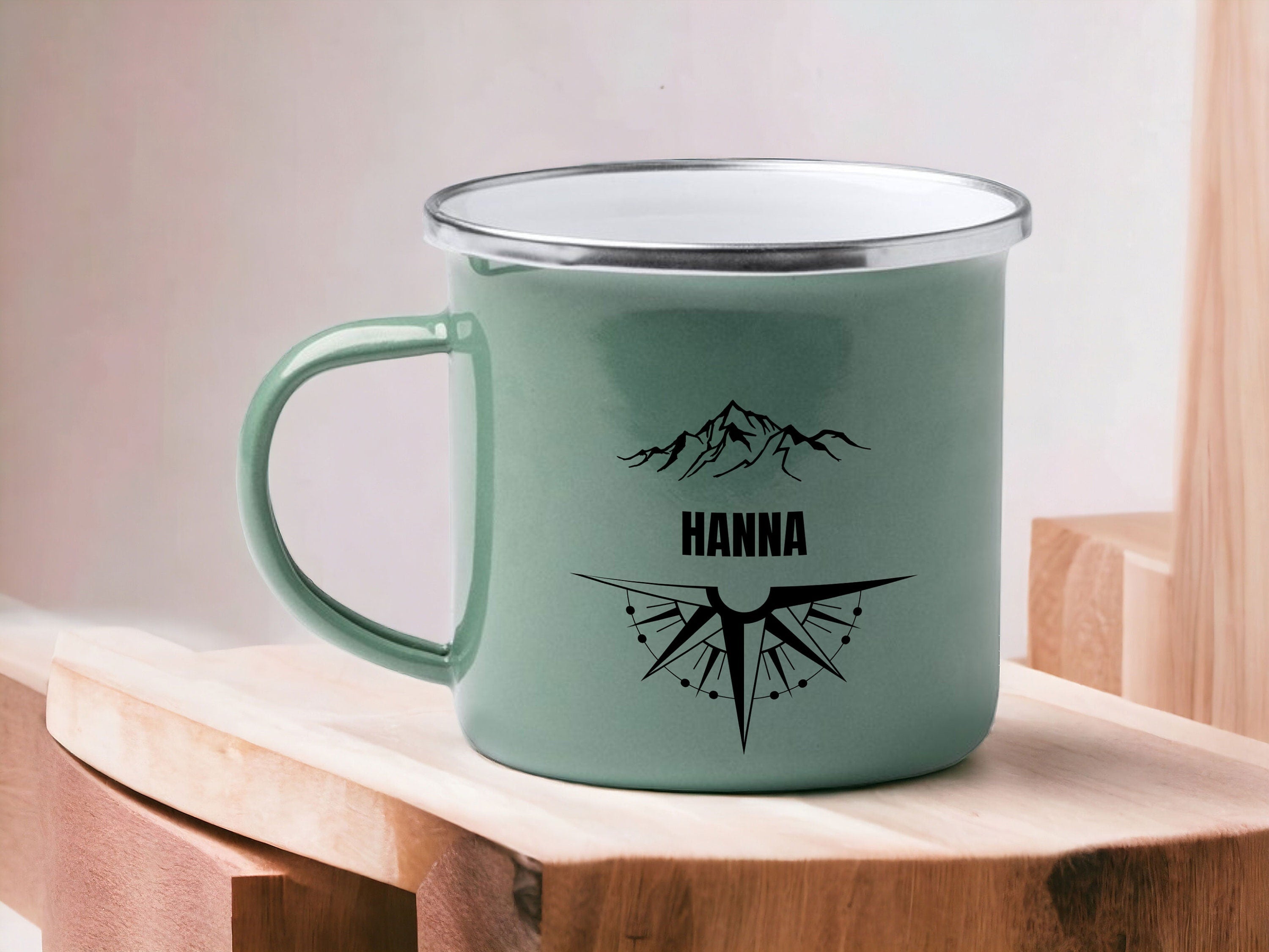 Emaille Tasse in Mint| Becher für Camper|Reisen|personalisiert mit deinem Wunschnamen| beidseitig bedruckt - GlamourDesign
