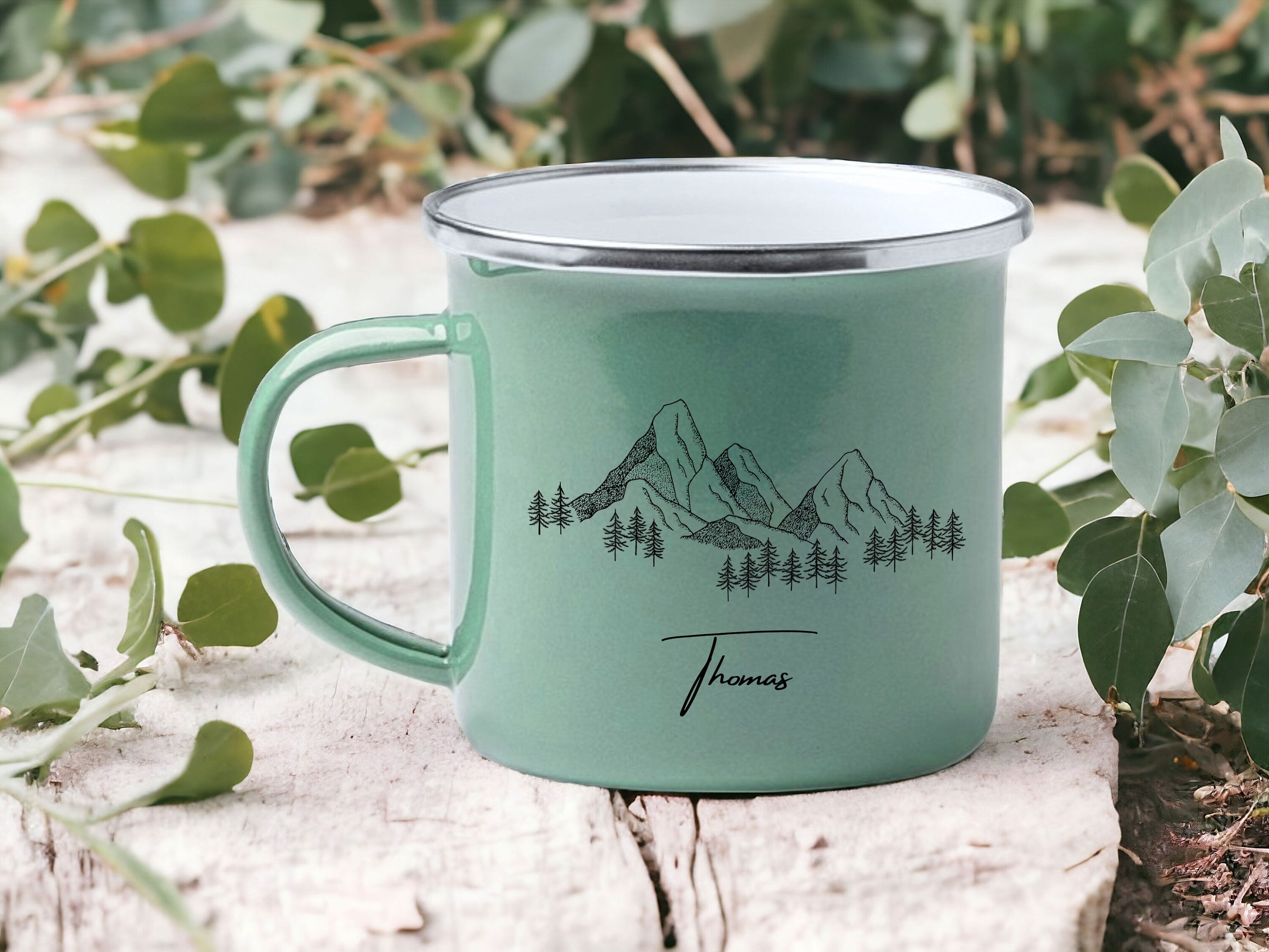 Emaille Tasse in Mint| Becher für Camper|Wandern|personalisiert mit deinem Wunschnamen| beidseitig bedruckt - GlamourDesign
