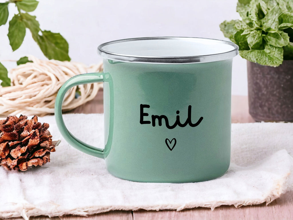 Emaille Tasse in Mint| Becher personalisiert mit deinem Wunschnamen und Herzchen| beidseitig - GlamourDesign