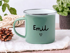 Emaille Tasse in Mint| Becher personalisiert mit deinem Wunschnamen und Herzchen| beidseitig - GlamourDesign