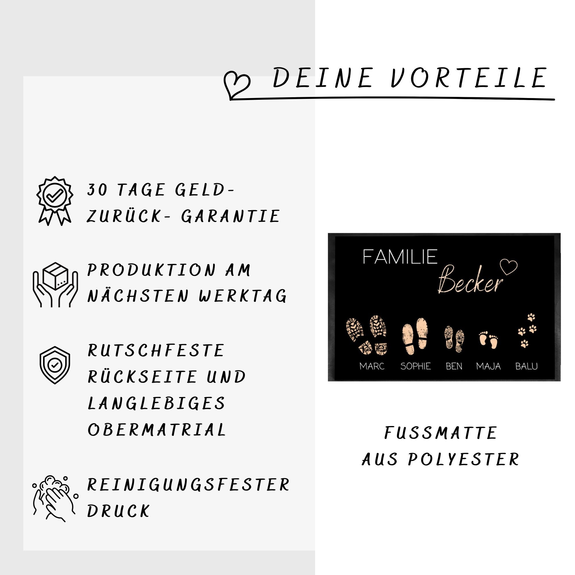 Hereinspaziert Fußmatte personalisiert mit Namen Farbige Herzen und Tierpfoten Indoor Matte - GlamourDesign