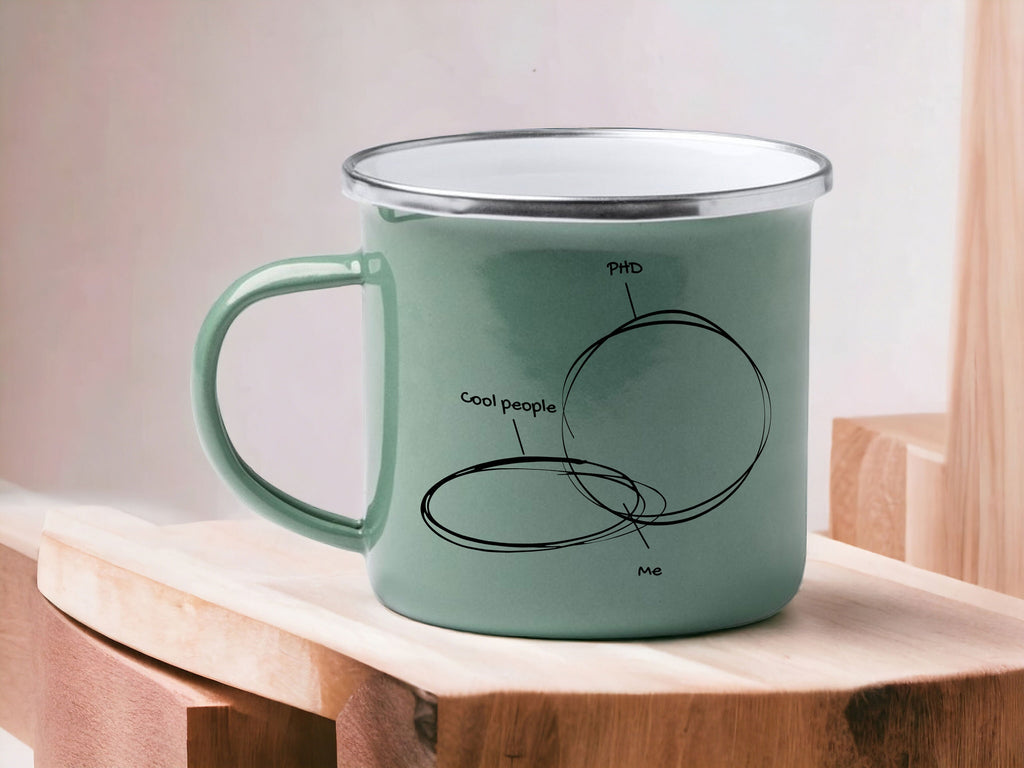 Emaille Tasse in Mint| Tasse mit lustigem Motiv Sarkasmus PHD-Cool people-Me| - GlamourDesign