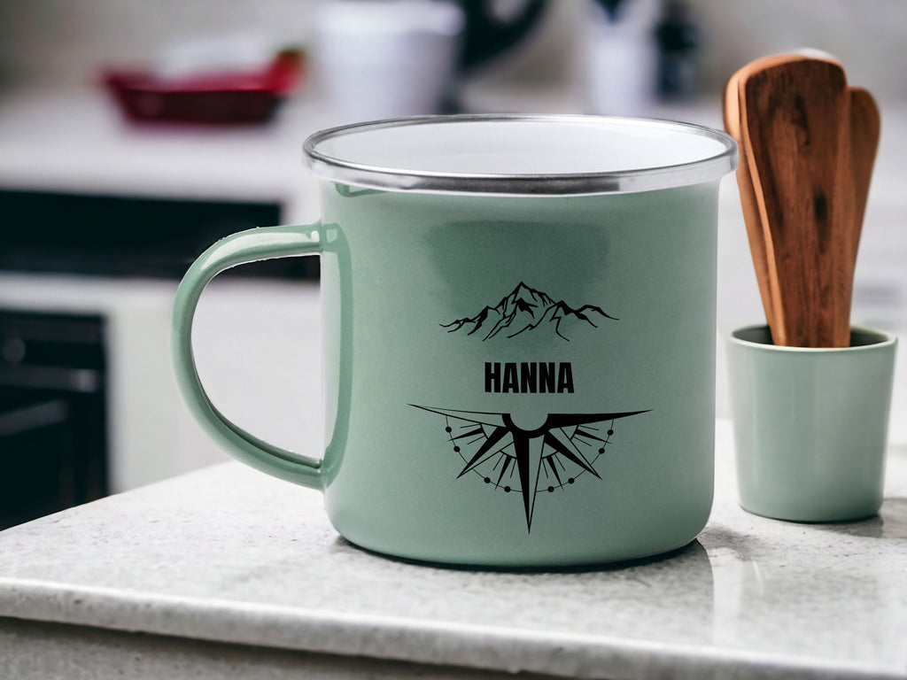 Emaille Tasse in Mint| Becher für Camper|Reisen|personalisiert mit deinem Wunschnamen| beidseitig bedruckt - GlamourDesign