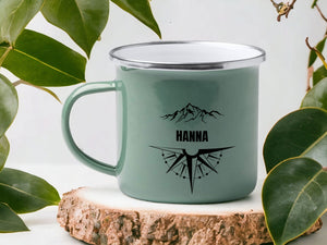 Emaille Tasse in Mint| Becher für Camper|Reisen|personalisiert mit deinem Wunschnamen| beidseitig bedruckt - GlamourDesign