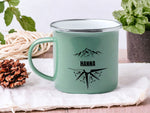 Lade das Bild in den Galerie-Viewer, Emaille Tasse in Mint| Becher für Camper|Reisen|personalisiert mit deinem Wunschnamen| beidseitig bedruckt - GlamourDesign
