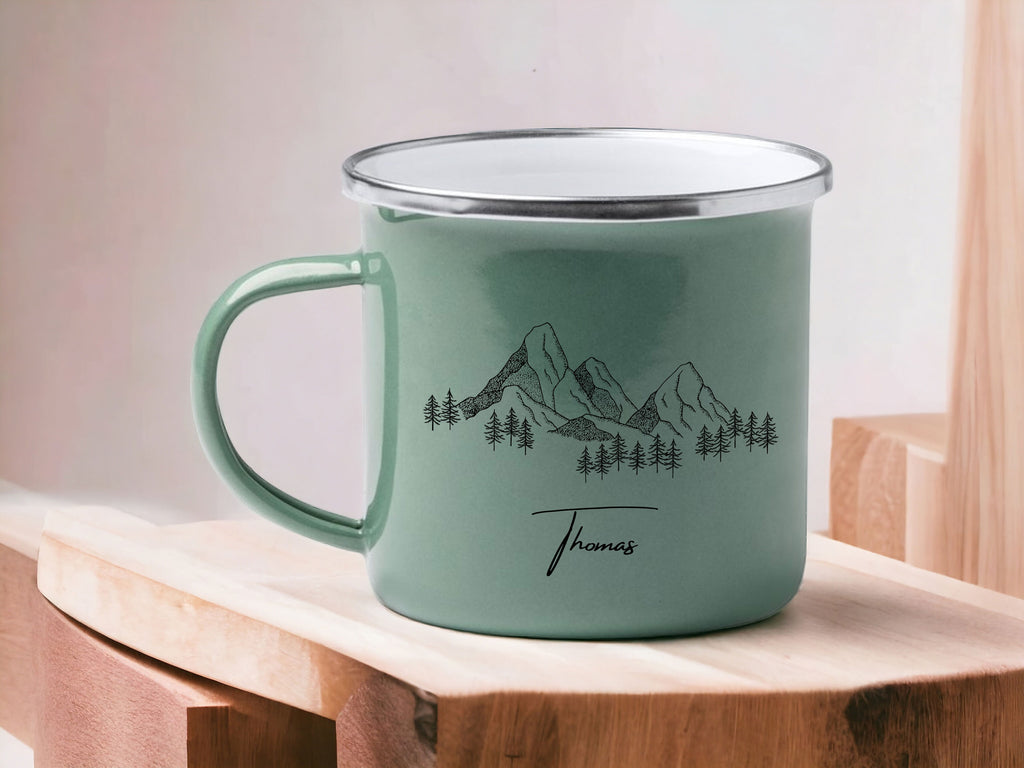 Emaille Tasse in Mint| Becher für Camper|Wandern|personalisiert mit deinem Wunschnamen| beidseitig bedruckt - GlamourDesign