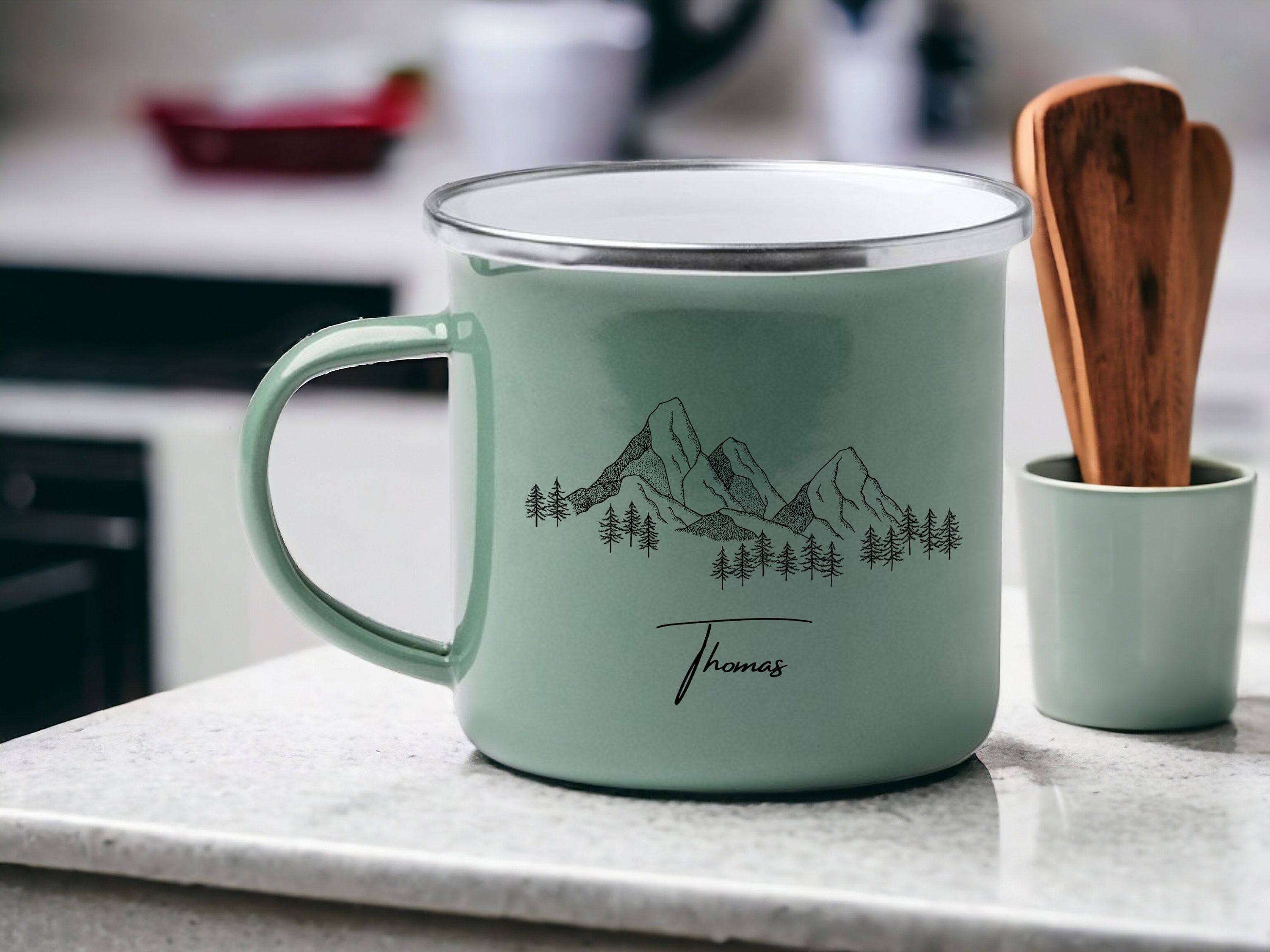 Emaille Tasse in Mint| Becher für Camper|Wandern|personalisiert mit deinem Wunschnamen| beidseitig bedruckt - GlamourDesign