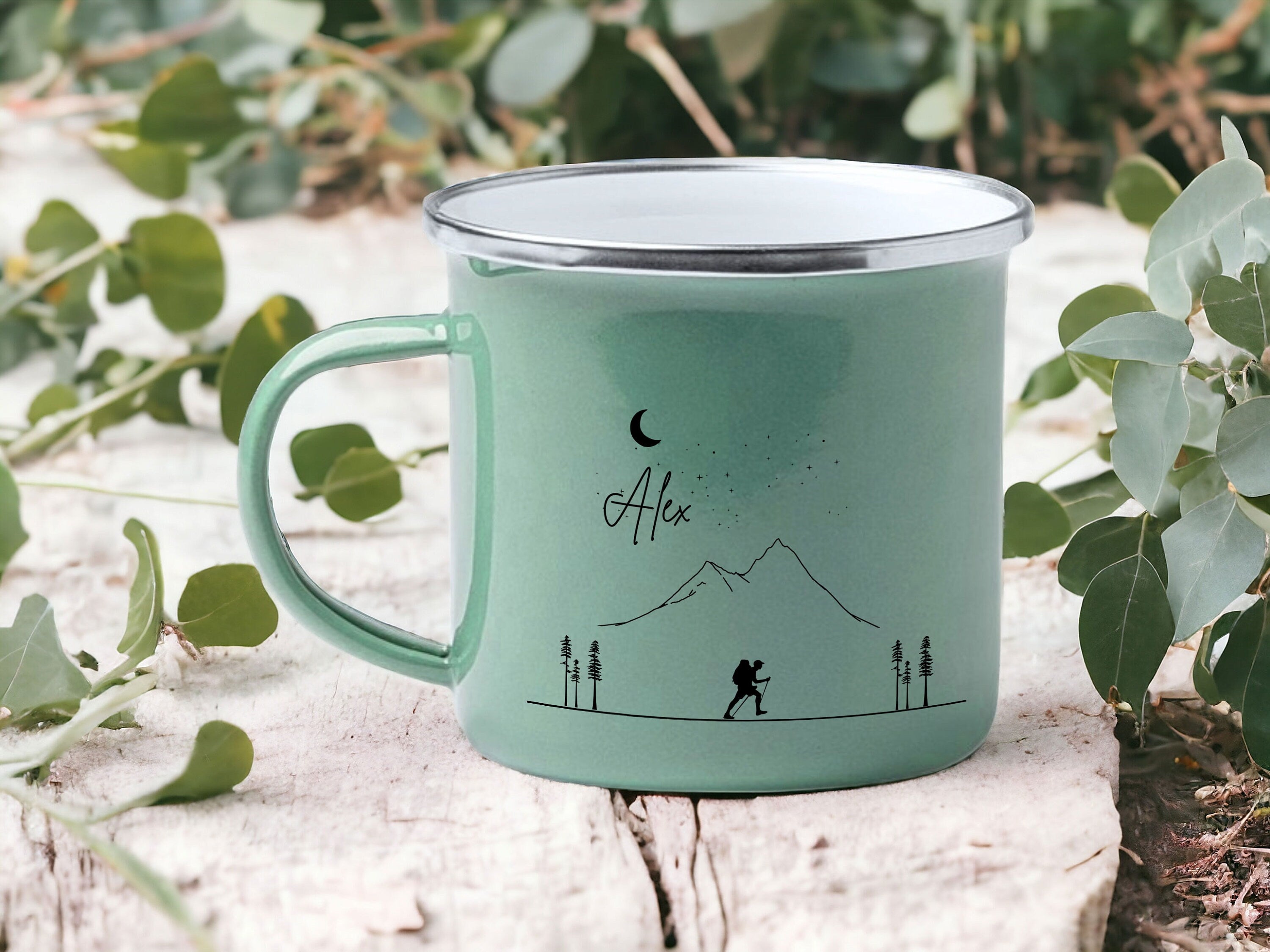 Emaille Tasse in Mint| Becher für Camper|Wandern|Bergsteigertasse |personalisiert mit deinem Wunschnamen| beidseitig bedruckt - GlamourDesign