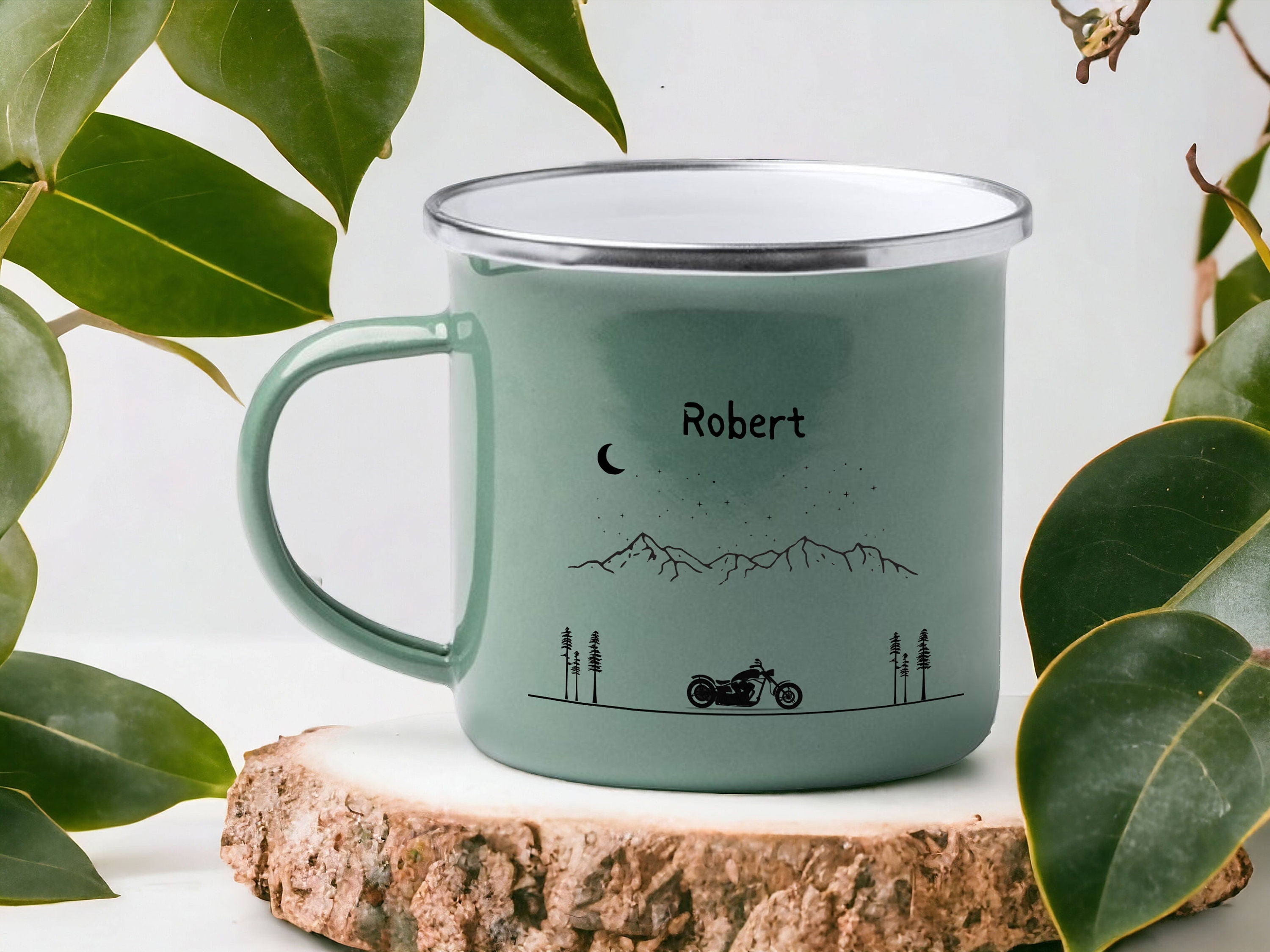 Emaille Tasse in Mint| Becher für Motorradfahrer|Camping und Reisen|personalisiert mit deinem Wunschnamen| beidseitig bedruckt - GlamourDesign