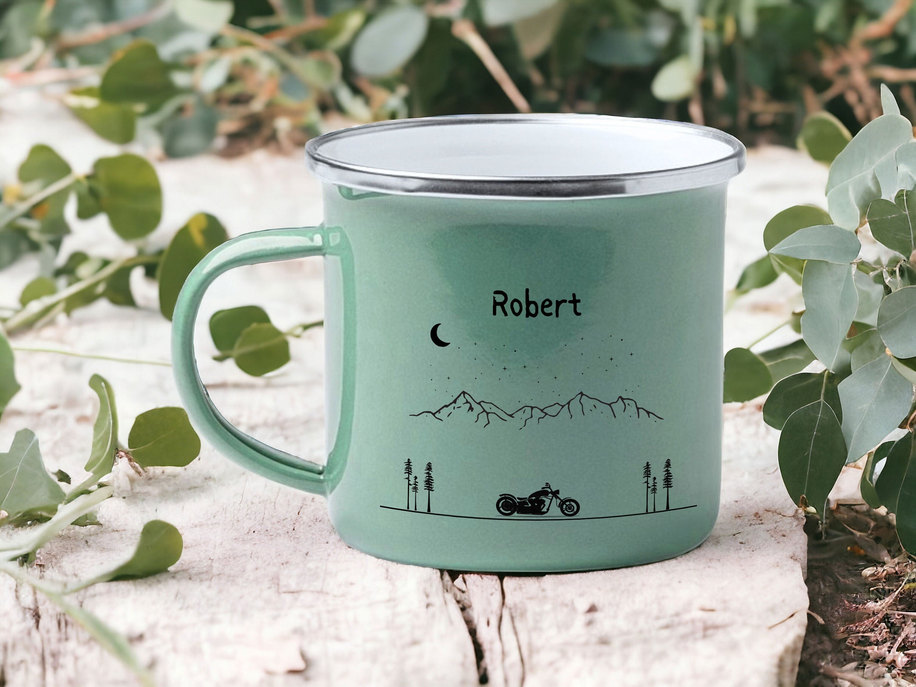 Emaille Tasse in Mint| Becher für Motorradfahrer|Camping und Reisen|personalisiert mit deinem Wunschnamen| beidseitig bedruckt - GlamourDesign