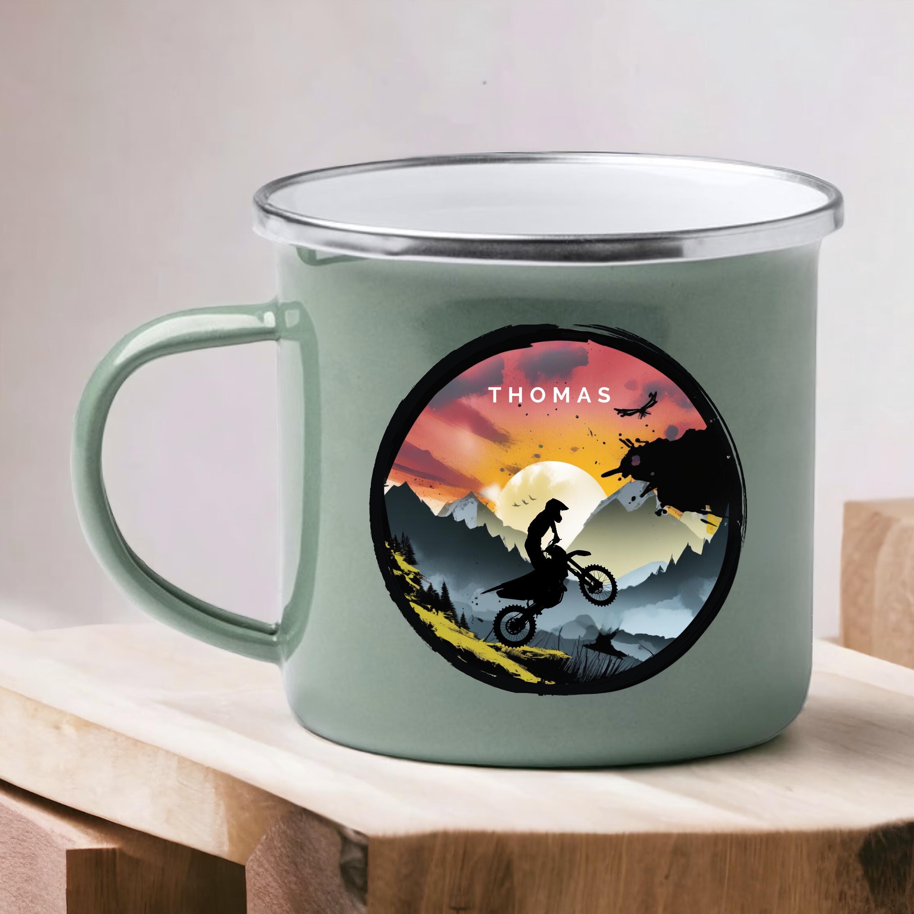 Emaille Mint Tasse motorrad geschenk personalisierbar mit Namen Geburtstagsgeschenk mit Wunschname Weihnachten Becher motorrad geschenkidee - GlamourDesign