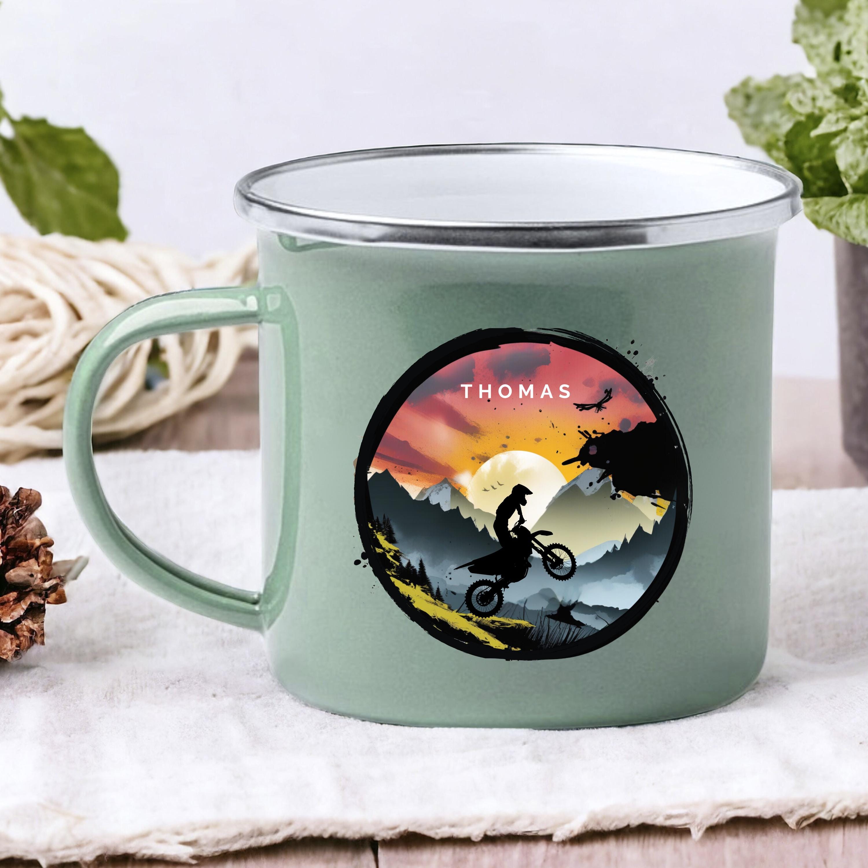 Emaille Mint Tasse motorrad geschenk personalisierbar mit Namen Geburtstagsgeschenk mit Wunschname Weihnachten Becher motorrad geschenkidee - GlamourDesign
