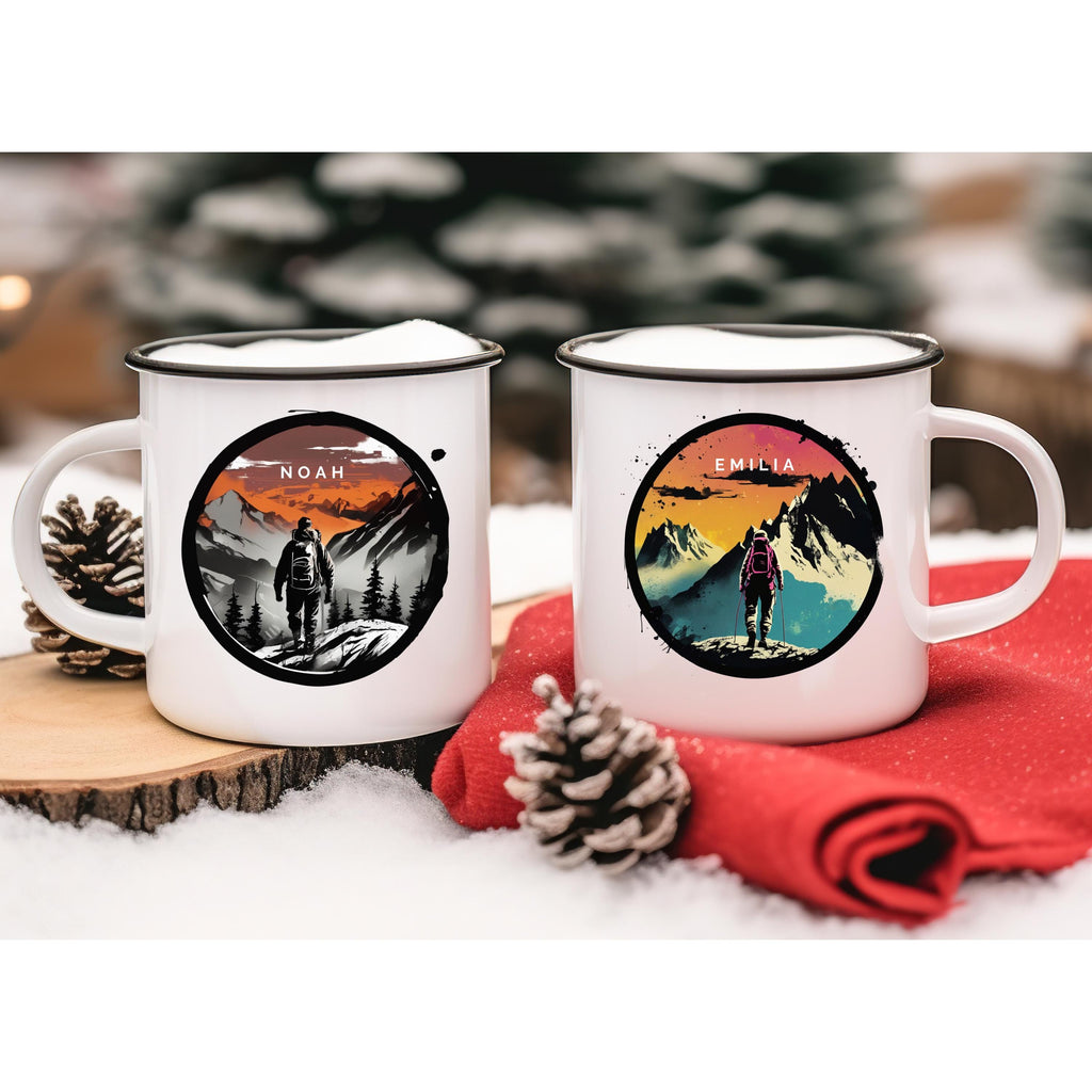 Emaille Tasse Berge Motiv personalisierbar mit Namen Geburtstagsgeschenk mit Wunschname Weihnachten Becher wandern Geschenk Natur Camping - GlamourDesign