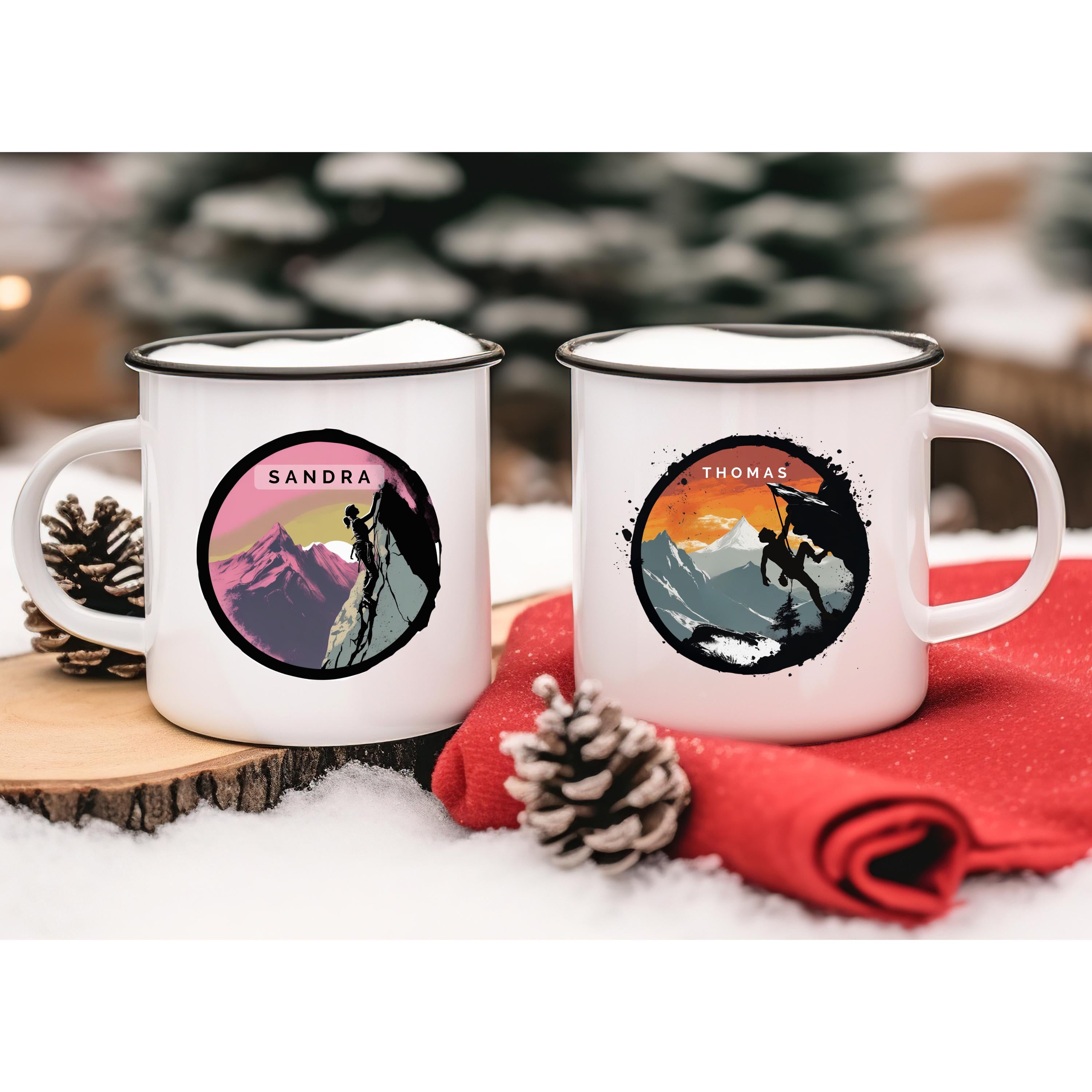 Emaille Tasse für Bergsteiger mit Wunschnamen Kletterin Geschenk Kletterer Becher Geburstagsgeschenk - GlamourDesign