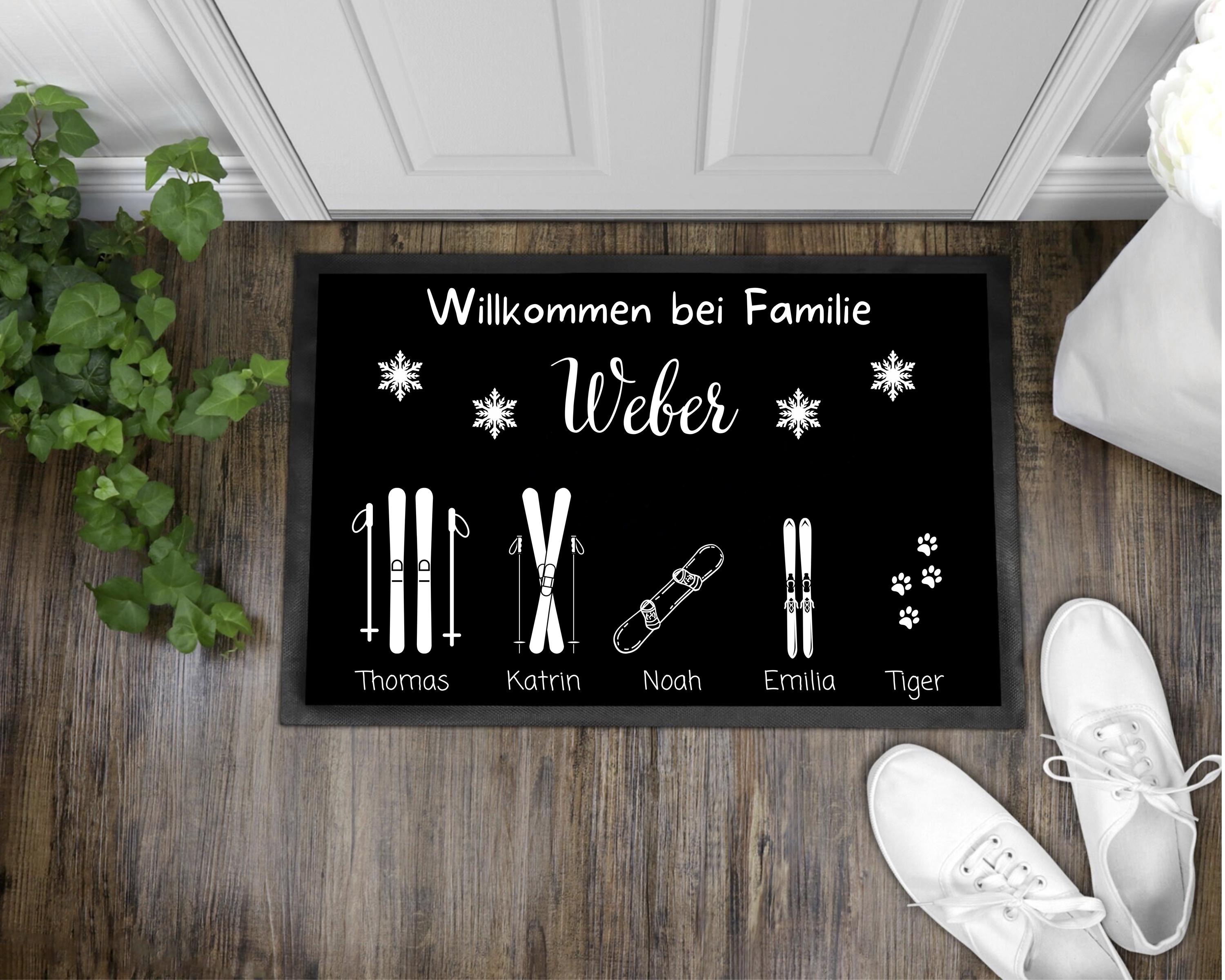 Personalisierbare Fußmatte mit Familie Namen Ski-Design für Berghaus Individuell anpassbar mit Namen & Skisymbolen Perfektes Geschenk - GlamourDesign