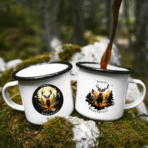 Personalisierbar emaille Tasse mit Namen und Wunschtext | Hirsch-Motiv Geschenk für Naturfreunde | Geburtstag Geschenk für Jäger - GlamourDesign