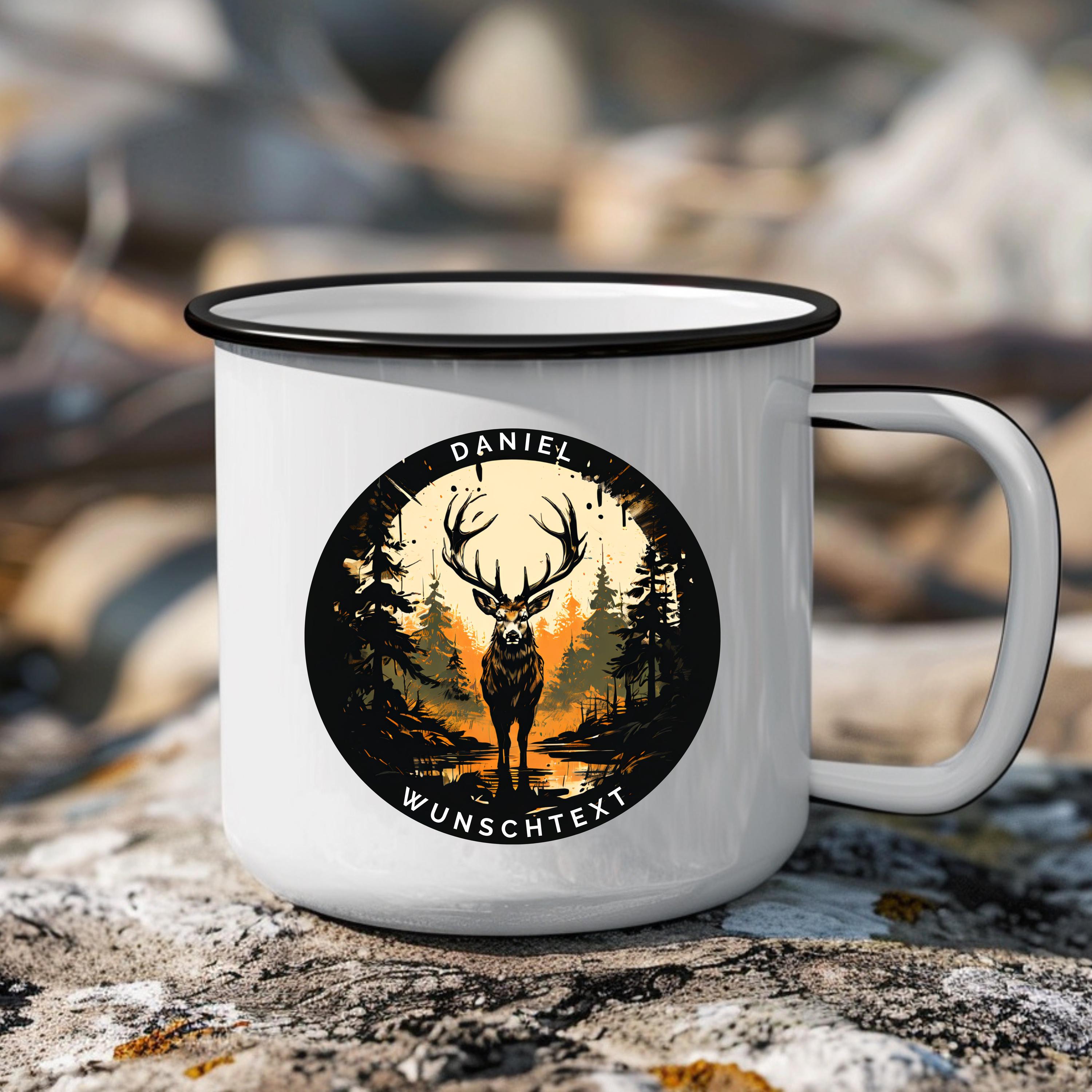 Personalisierbar emaille Tasse mit Namen und Wunschtext | Hirsch-Motiv Geschenk für Naturfreunde | Geburtstag Geschenk für Jäger - GlamourDesign