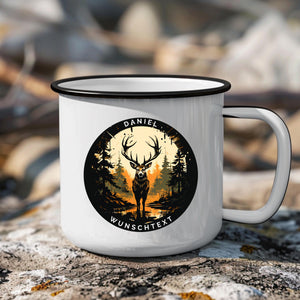 Personalisierbar emaille Tasse mit Namen und Wunschtext | Hirsch-Motiv Geschenk für Naturfreunde | Geburtstag Geschenk für Jäger - GlamourDesign