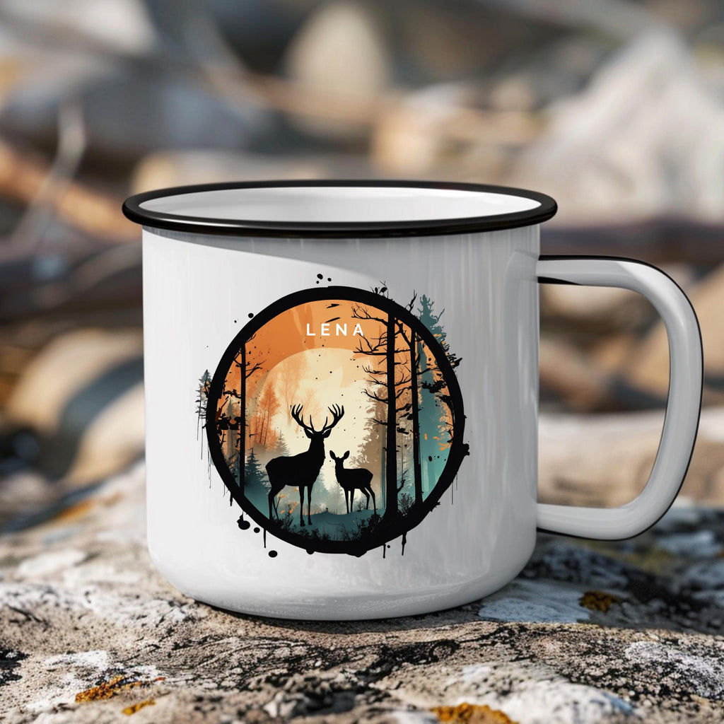 Personalisierbar Emaille Tasse mit mit Namen Hirsch-Design Geschenk für Natur und Tierliebhaber Geschenkidee für Weihnachten und Geburtstag - GlamourDesign