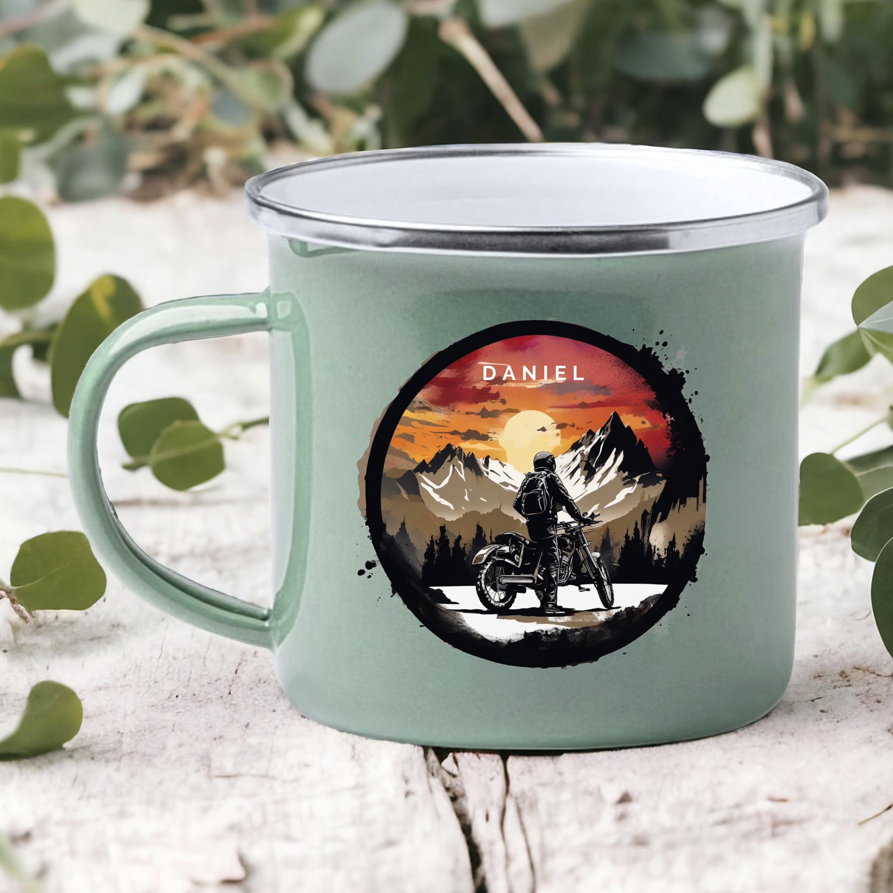 Emaille Mint Tasse motorrad geschenk personalisierbar mit Namen Geburtstagsgeschenk mit Wunschname Weihnachten Becher motorrad geschenkidee - GlamourDesign