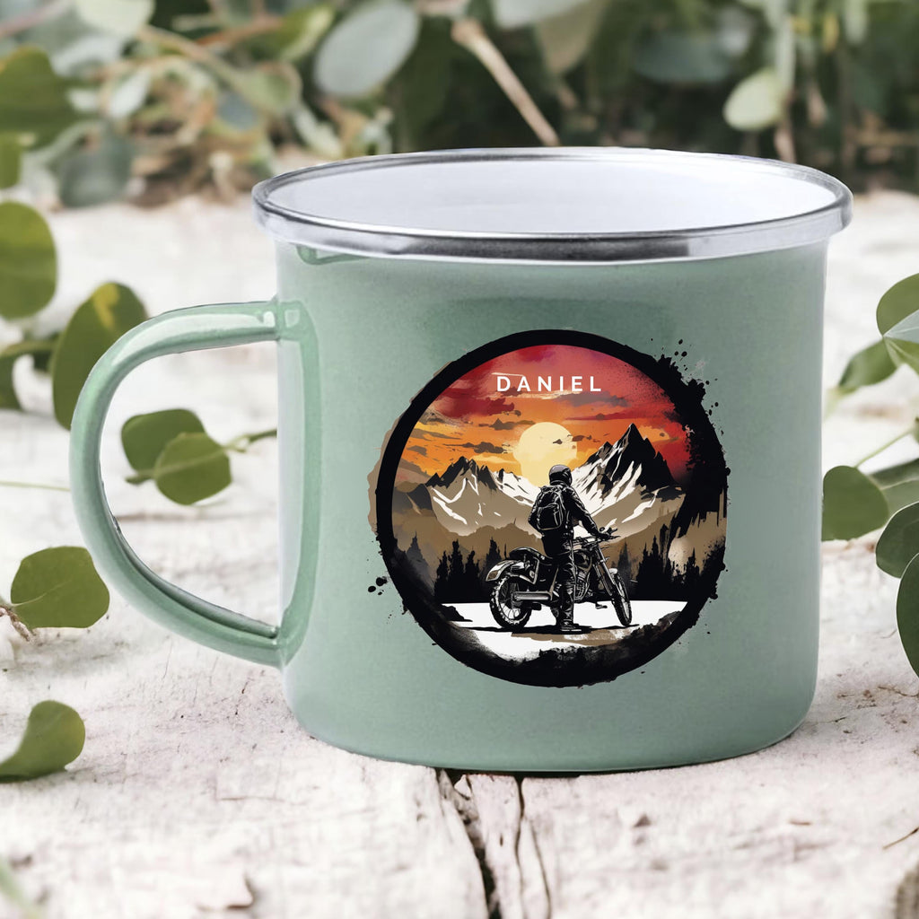 Emaille Mint Tasse motorrad geschenk personalisierbar mit Namen Geburtstagsgeschenk mit Wunschname Weihnachten Becher motorrad geschenkidee - GlamourDesign