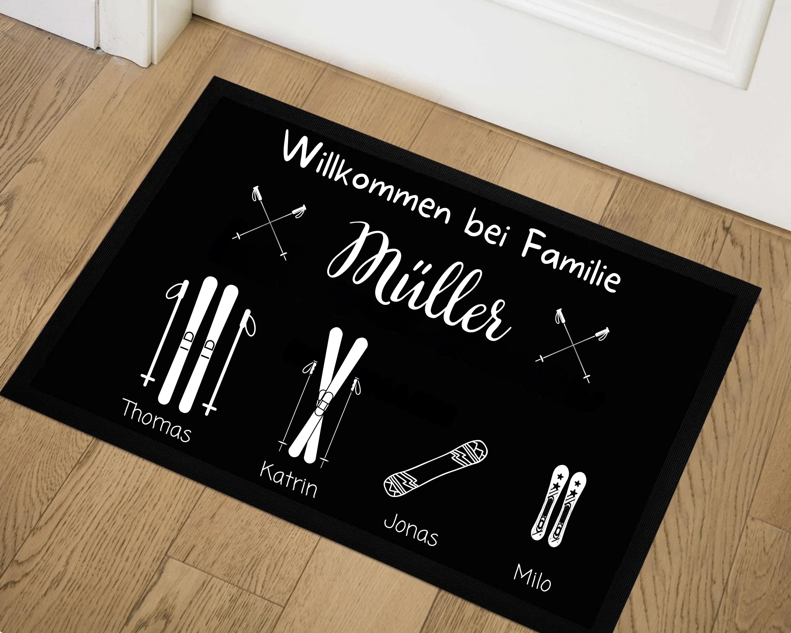 Personalisierbare Fußmatte mit Familie Namen Ski-Design für Berghaus Individuell anpassbar mit Namen & Skisymbolen Perfektes Geschenk - GlamourDesign