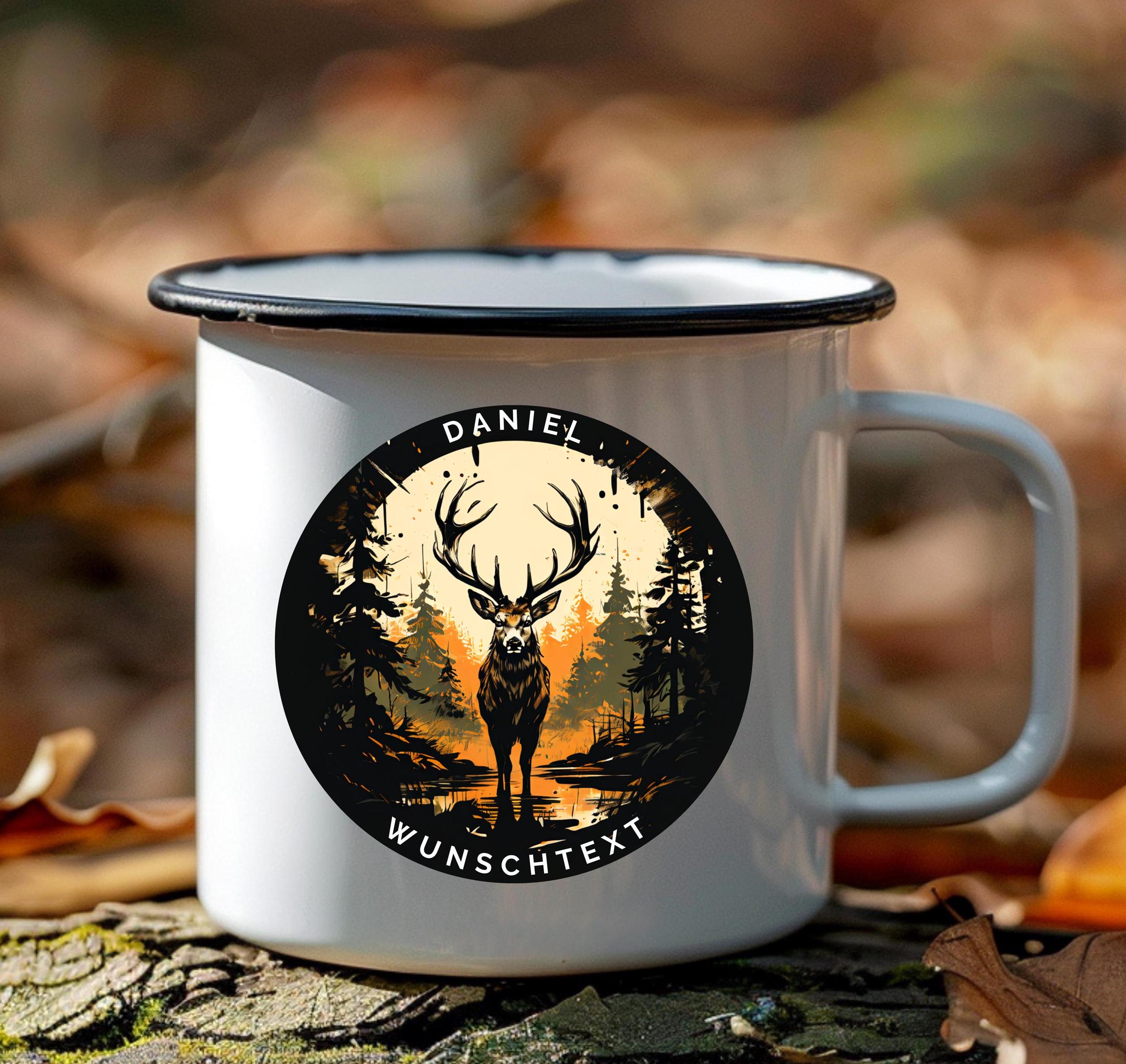 Personalisierbar emaille Tasse mit Namen und Wunschtext | Hirsch-Motiv Geschenk für Naturfreunde | Geburtstag Geschenk für Jäger - GlamourDesign
