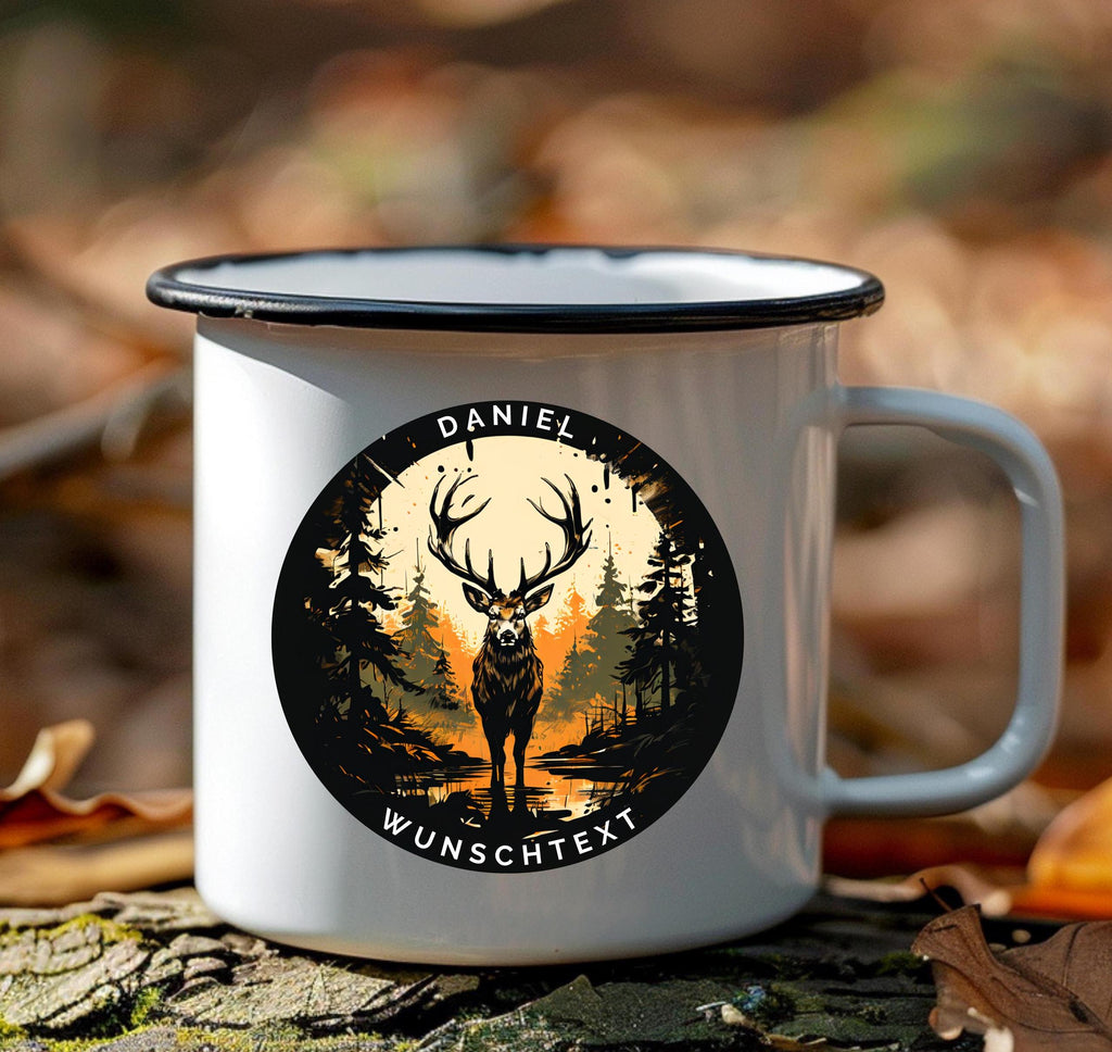 Personalisierbar emaille Tasse mit Namen und Wunschtext | Hirsch-Motiv Geschenk für Naturfreunde | Geburtstag Geschenk für Jäger - GlamourDesign