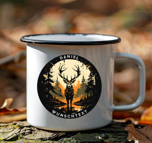 Personalisierbar emaille Tasse mit Namen und Wunschtext | Hirsch-Motiv Geschenk für Naturfreunde | Geburtstag Geschenk für Jäger - GlamourDesign