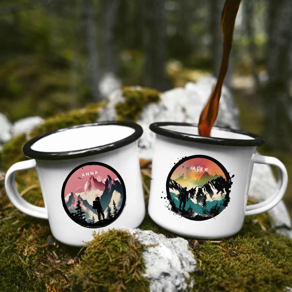Personalisierte Emaille Tasse für Bergliebhaber mit Namen Geburtstagsgeschenk mit Wunschname wandern Geschenk für Naturfreunde - GlamourDesign