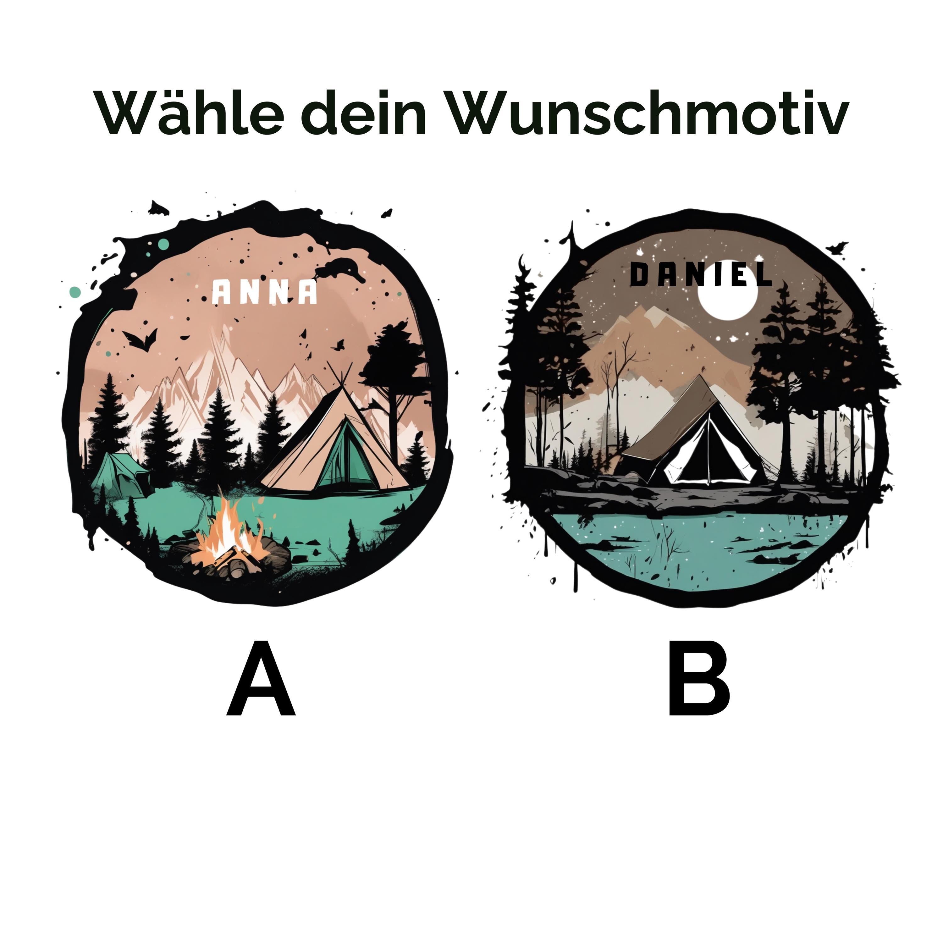 Personalisierte Emaille Tasse mit Zelt-Motiv – Geschenk für Bergliebhaber & Naturfreunde – Wandern Geburtstagsgeschenk mit Wunschname