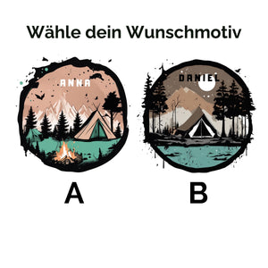 Personalisierte Emaille Tasse mit Zelt-Motiv – Geschenk für Bergliebhaber & Naturfreunde – Wandern Geburtstagsgeschenk mit Wunschname