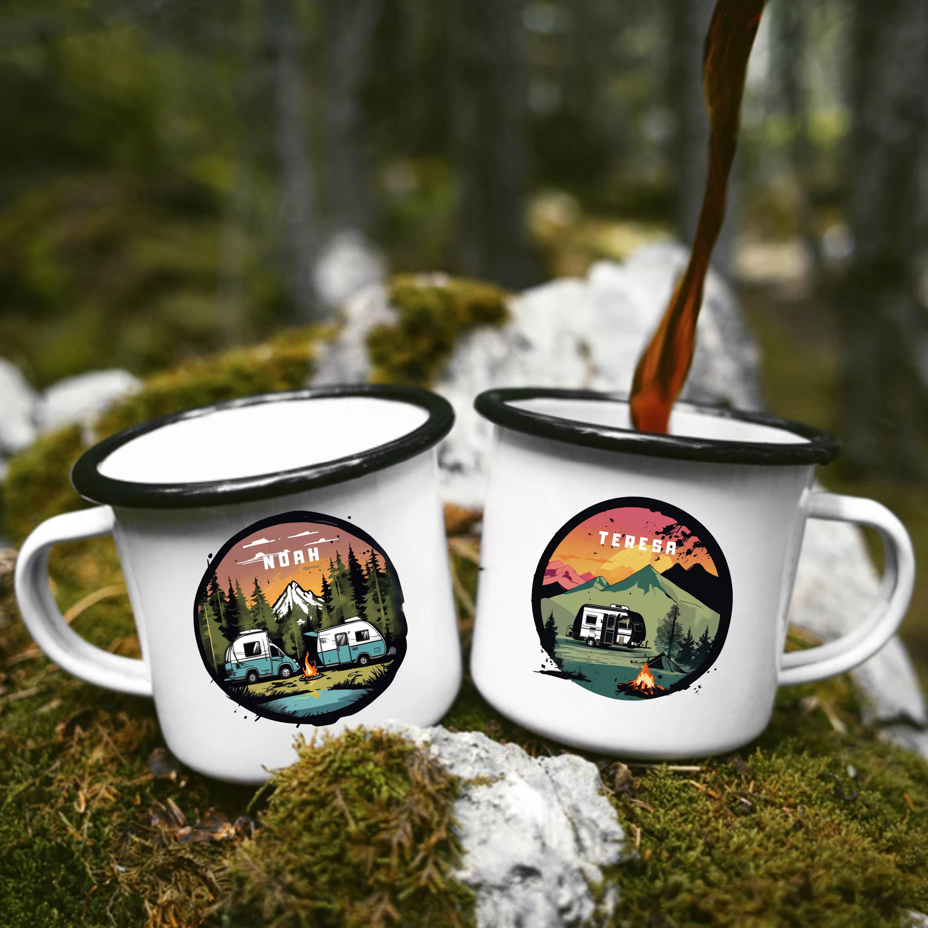 Personalisierte Emaille Tasse mit Wohnmobil-Motiv Geschenk für Campingliebhaber & Naturfreunde – Outdoor Geburtstagsgeschenk mit Wunschname
