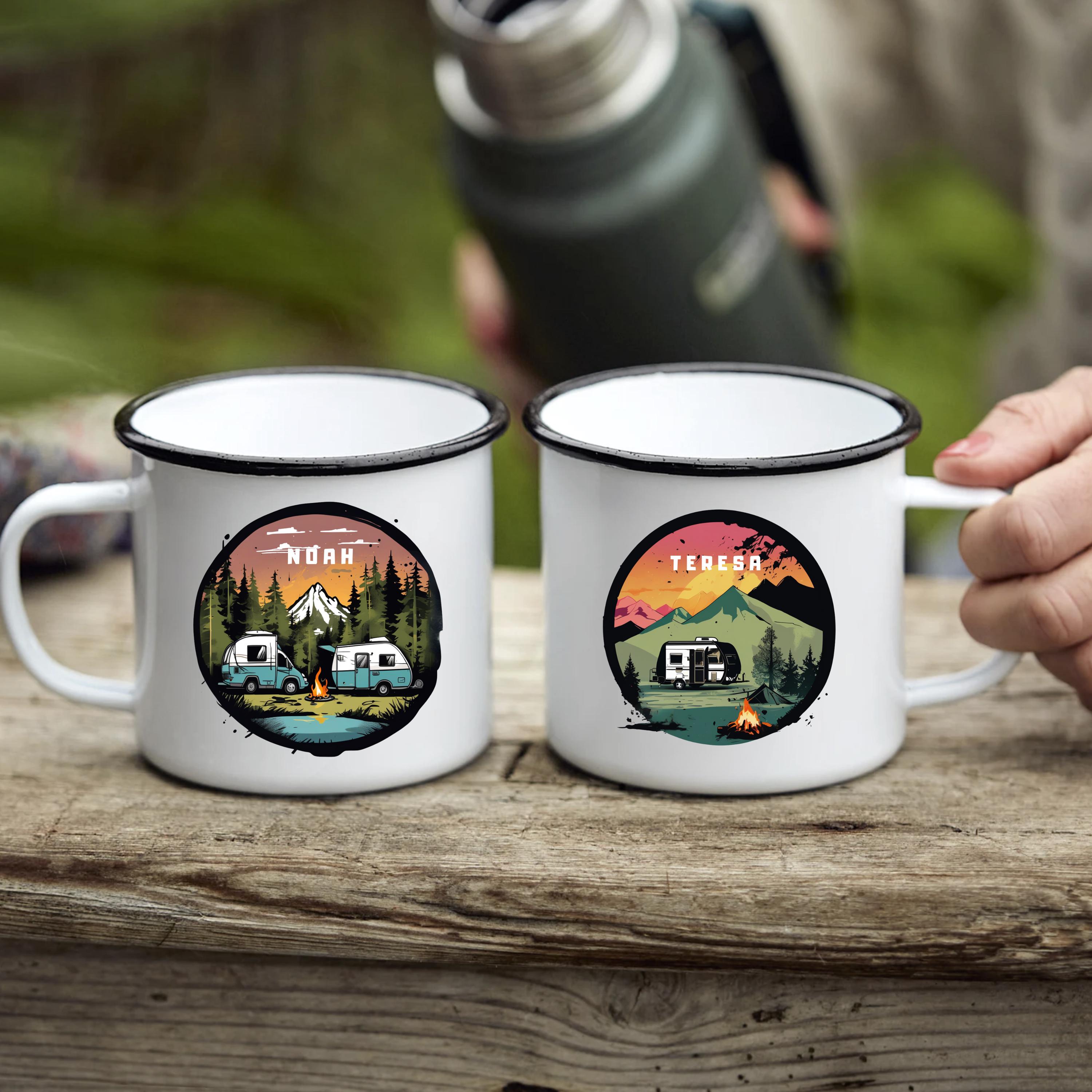 Personalisierte Emaille Tasse mit Wohnmobil-Motiv Geschenk für Campingliebhaber & Naturfreunde – Outdoor Geburtstagsgeschenk mit Wunschname