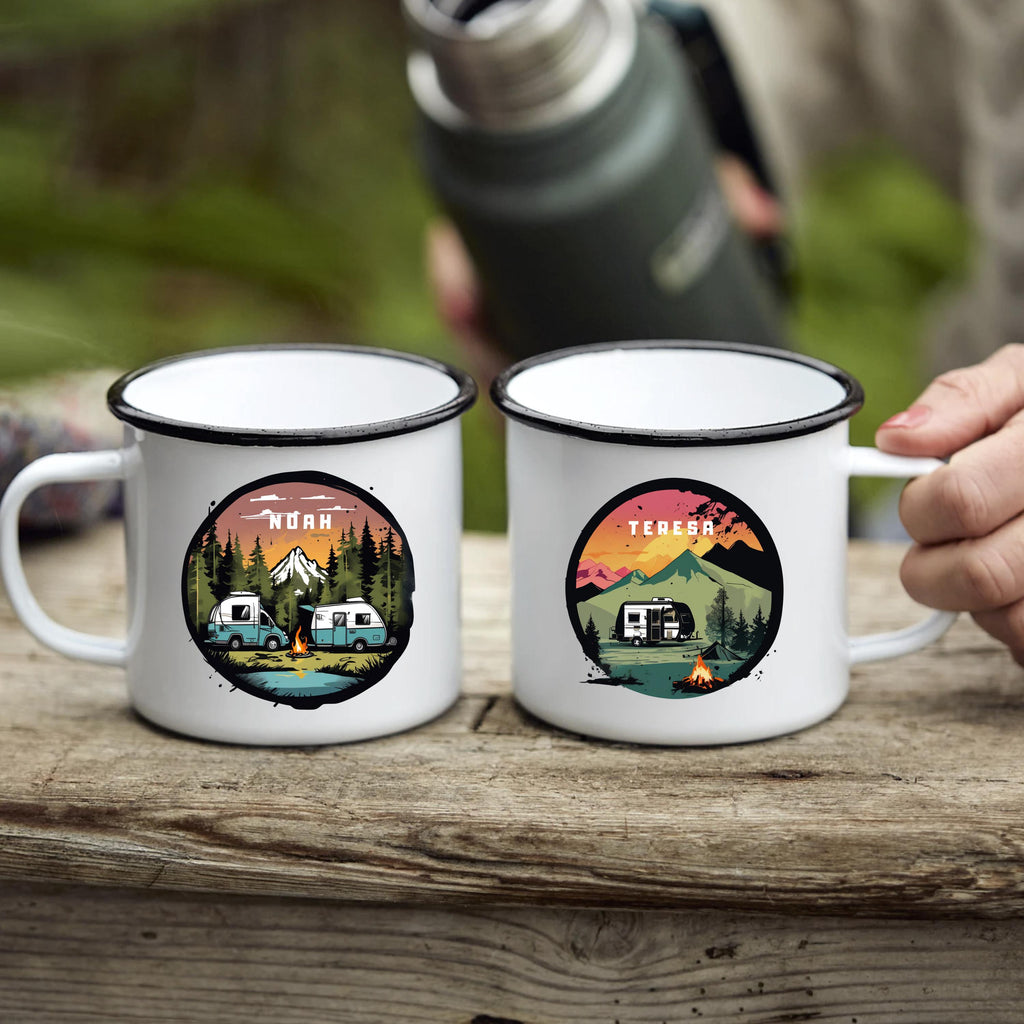 Personalisierte Emaille Tasse mit Wohnmobil-Motiv Geschenk für Campingliebhaber & Naturfreunde – Outdoor Geburtstagsgeschenk mit Wunschname