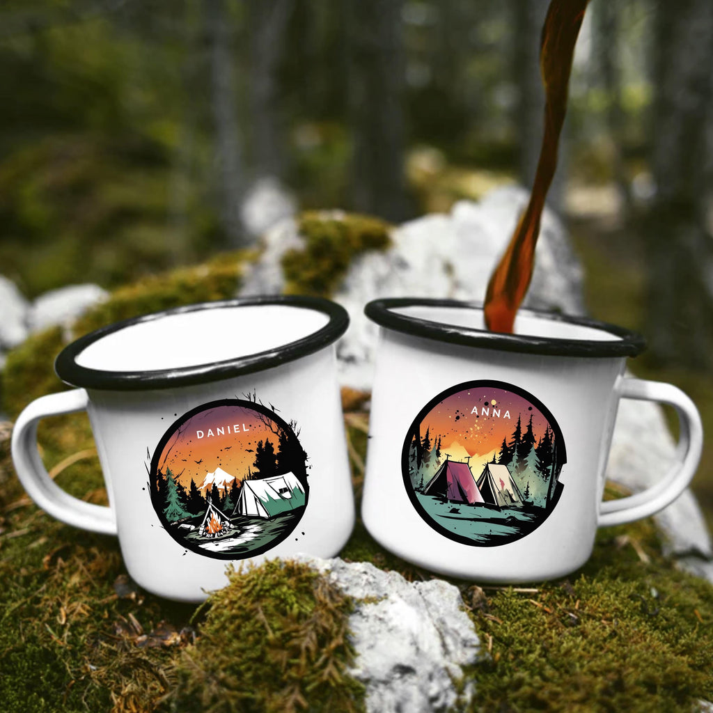 Personalisierte Emaille Tasse mit Camping-Motiv – Geschenk für Bergliebhaber & Naturfreunde – Wandern Geburtstagsgeschenk mit Wunschname