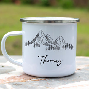 Personalisierte Emaille-Tasse mit Bergmotiv – Outdoor Camping  Becher mit Namen | Camping-Geschenk für Bergliebhaber