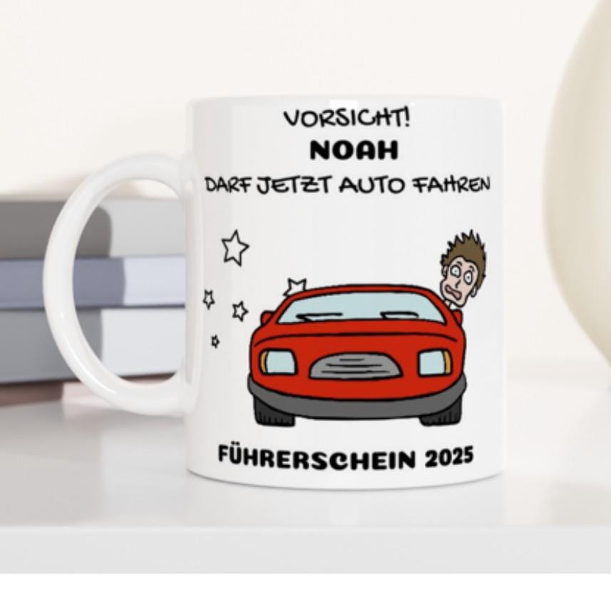 Tasse als Geschenk zum Führerschein | lustige Tasse zum Führerschein personalisierbar mit Namen  | Führerschein-Geschenkidee