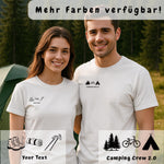 Lade das Bild in den Galerie-Viewer, Personalisiertes Familie Camping T-Shirt – 3 Camping-Motive und Wunschtext – Geschenk für Camper, Zeltlager, Festival, Wanderer, Abenteuer. Dieses personalisiertes Camping T-Shirt ist das perfekte Geschenk für alle, die Natur, Abenteuer und gemütliche Abende am Lagerfeuer lieben. Das individuelle Design mit drei frei wählbaren Camping-Motiven – zum Beispiel Wanderschuhe, Rucksack, Zelt, Lagerfeuer oder Campingbus
