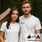 Lade das Bild in den Galerie-Viewer, Personalisiertes Familie Camping T-Shirt – 3 Camping-Motive und Wunschtext – Geschenk für Camper, Zeltlager, Festival, Wanderer, Abenteuer. Dieses personalisiertes Camping T-Shirt ist das perfekte Geschenk für alle, die Natur, Abenteuer und gemütliche Abende am Lagerfeuer lieben. Das individuelle Design mit drei frei wählbaren Camping-Motiven – zum Beispiel Wanderschuhe, Rucksack, Zelt, Lagerfeuer oder Campingbus
