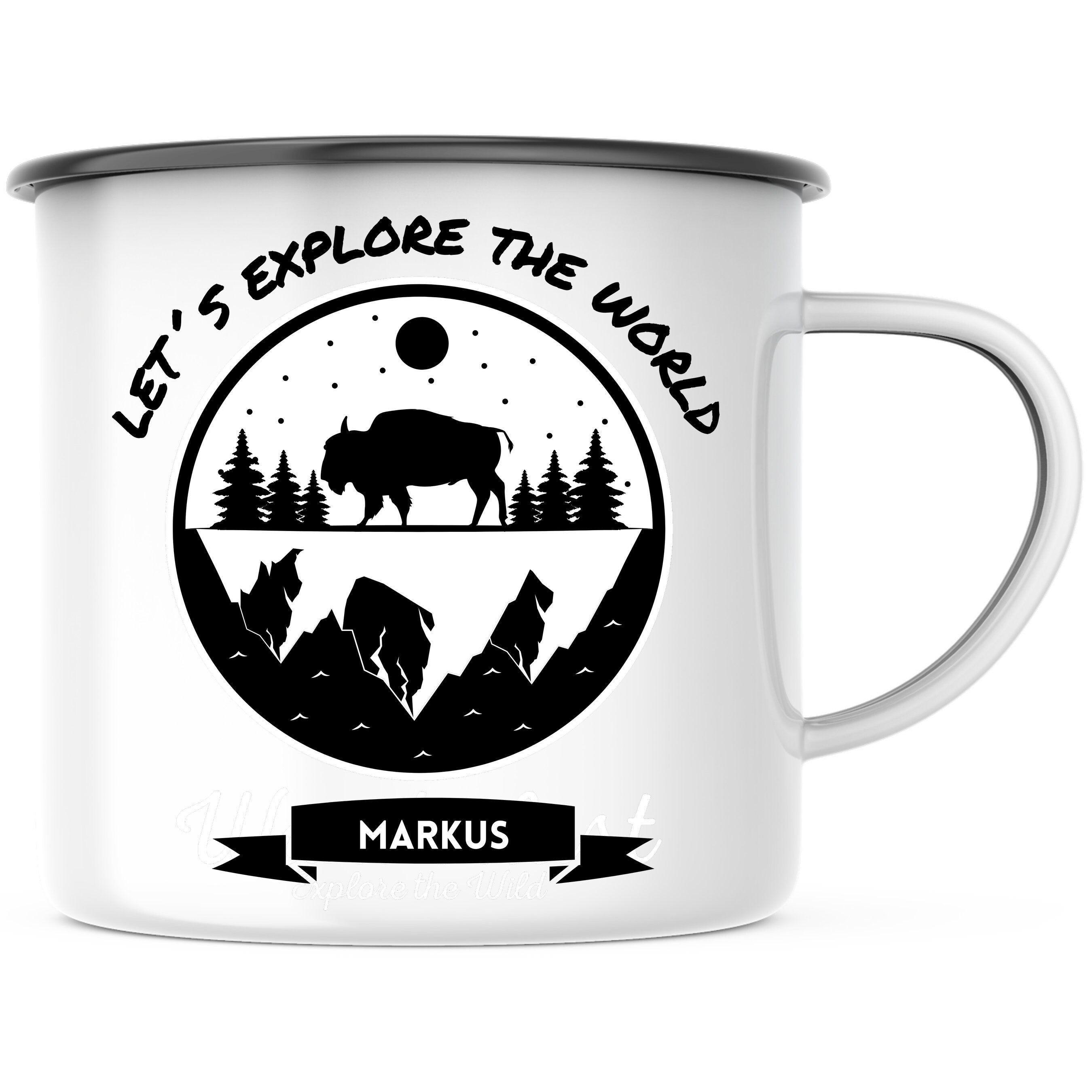 Emaille Tasse| Becher| Adventure| Camping| Lets explore the world| personalisiert mit Wunschnamen - GlamourDesign