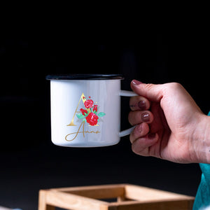 Emaille Tasse| Becher| Wunschname| Buchstabe Rosen - GlamourDesign