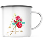 Lade das Bild in den Galerie-Viewer, Emaille Tasse| Becher| Wunschname| Buchstabe Rosen - GlamourDesign
