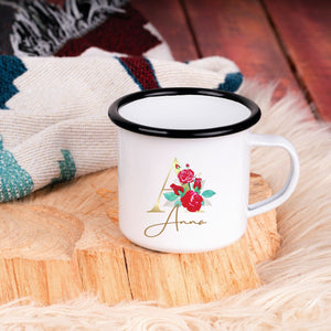 Emaille Tasse| Becher| Wunschname| Buchstabe Rosen - GlamourDesign